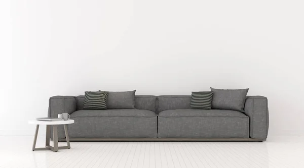 白い壁の背景にグレーのソファとサイドテーブルを備えたモダンな豪華なリビングルームの視点 ミニマル レンダリング — ストック写真