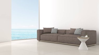 Kemer pencere tasarımı ile Akdeniz tarzında oturma odası görünümü,Klasik detaylar,Deniz manzaralı arka planda kanepe li oda ve yan masa. 3d render.
