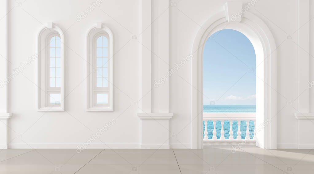 View of living room in mediterranean style with arch window design,Classic details,The sun light cast shadow on the tiles floor on sea view background. 3d rendering.