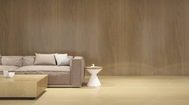 Ahşap laminat duvar.ahşap tasarımlı iç üzerinde gri kanepe ve küçük yan masa ile minimal tarzda oturma odası görünümü. 3d render.