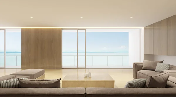 Perspektive Der Modernen Luxus Wohnzimmer Mit Grauem Sofa Auf Meerblick — Stockfoto