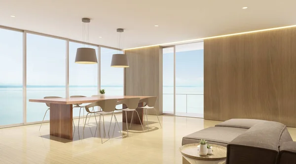 Perspective of modern luxury living room with dining table on sea view background, timber interior design,Architecture Idea of large windows system. 3D rendering.