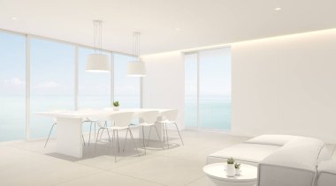 Deniz manzaralı arka plan, büyük pencere tasarımı üzerinde koyu kanepe ile beyaz modern lüks oturma odası Perspektifi. - 3d render.