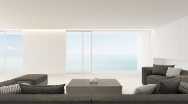 Deniz manzaralı arka plan, büyük pencere tasarımı üzerinde koyu kanepe ile beyaz modern lüks oturma odası Perspektifi. - 3d render.