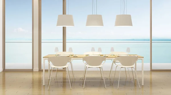 Perspective of modern luxury room with dining table and modern lamp on sea view background, white interior design,Architecture Idea of large windows system. 3D rendering.