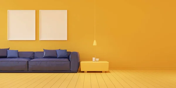 Attrappe Von Blauem Sofa Und Gelbem Schrank Auf Gelbem Zimmer — Stockfoto