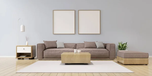 グレーのソファセットと空白の額縁の平らな壁に木製のサイドテーブルとリビングルームスペースの眺め 最小限のインテリアデザインの視点 レンダリング — ストック写真