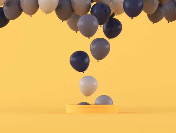 Várias Cores Balões Flutuando Para Fora Tubo Amarelo Estilo Mínimo — Fotografia de Stock