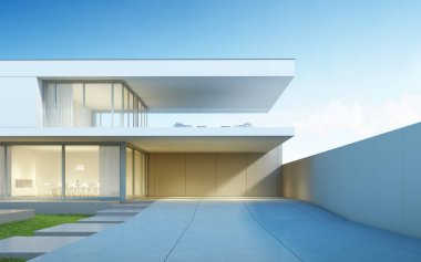Modern lüks evin mimari tasarımı, Ahşap teraslı villa ve deniz manzaralı yüzme havuzu arka plan, Dış fikir. 3d render.