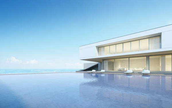 Modern lüks evin mimari tasarımı, Ahşap teraslı villa ve deniz manzaralı yüzme havuzu arka plan, Dış fikir. 3d render.