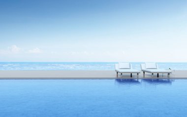 Deniz manzaralı arka planda yan masa ve ahşap teras ile daybed görünümü, Mavi havuz. 3d render