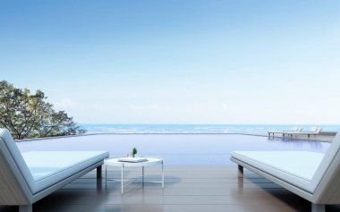 Deniz manzaralı arka planda yan masa ve ahşap teras ile daybed görünümü, Mavi havuz. 3d render