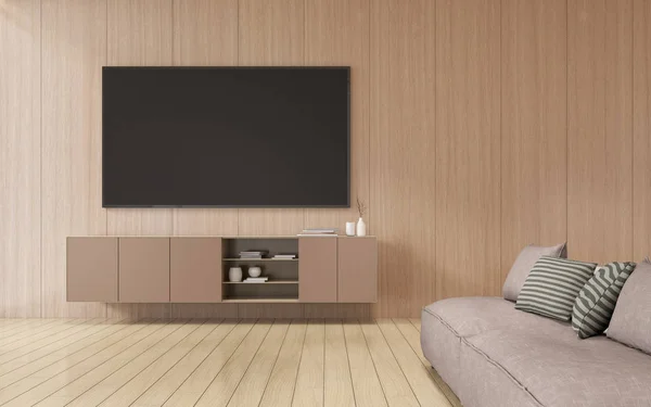 Duvarda televizyon ile minimal oturma odası görünümü. Tv ve dolap ile iç tasarım, 3d render.