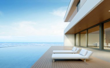 Ahşap terası ve deniz manzaralı havuzu olan modern lüks ev perspektifi, minimal mimari tasarım fikri. 3d oluşturma.