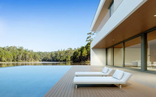 Orman gölü arka planında gündüz yüzme havuzlu lüks modern ev manzarası, minimal mimari tasarım fikri. 3d oluşturma