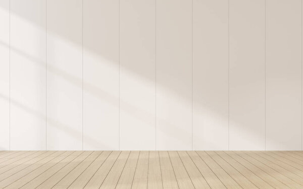 3D stimulate of empty room and wood plank floor with sun light cast shadow on the wall, Perspective of minimal interior design
.