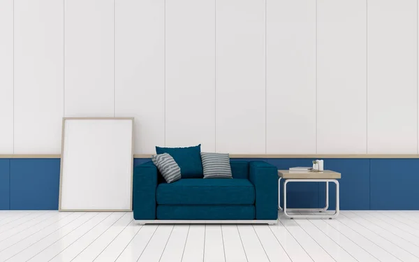 Vista Sala Estar Con Sofá Azul Profundo Mesa Auxiliar Suelo —  Fotos de Stock