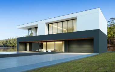 Orman gölü arka planında gündüz yüzme havuzlu lüks modern ev manzarası, minimal mimari tasarım fikri. 3d oluşturma