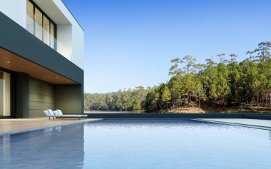 Orman gölü arka planında gündüz yüzme havuzlu lüks modern ev manzarası, minimal mimari tasarım fikri. 3d oluşturma