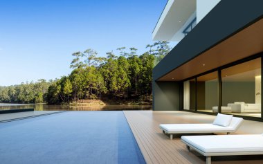 Orman gölü arka planında gündüz yüzme havuzlu lüks modern ev manzarası, minimal mimari tasarım fikri. 3d oluşturma