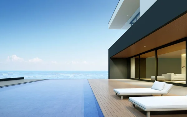 海の景色を背景に木製のテラスとスイミングプールと現代の高級住宅の視点 最小限の建築デザインのアイデア 3Dレンダリング — ストック写真