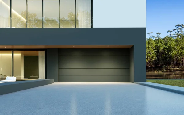 Perspective of luxury modern house, g, garage entrance on forest lake background, Idea of architecture design. 3D rendering