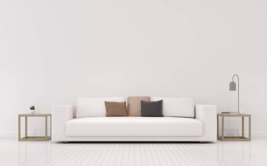 Laminat zemin üzerinde kanepe ve küçük yan masa ile minimal tarzda beyaz oturma odası görünümü. İç tasarım perspektifi. 3d render.