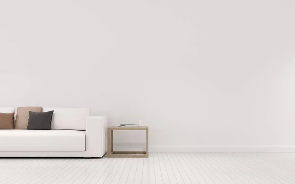 Vista Sala Estar Blanca Estilo Minimalista Con Sofá Pequeña Mesa —  Fotos de Stock
