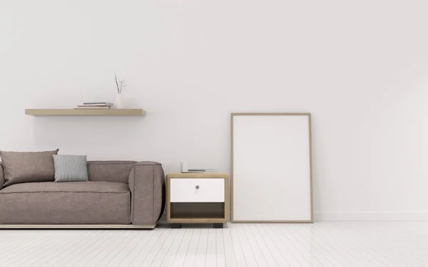 Zicht Woonkamer Ruimte Met Sofa Set Blanco Fotolijstje Witte Muur — Stockfoto