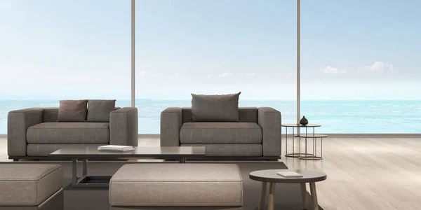 海景背景下的带沙发的现代豪华客厅的视角 家庭度假理念 3D渲染 — 图库照片