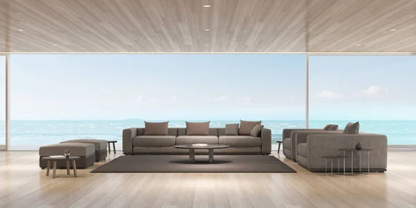 Perspektif Ruang Tamu Mewah Modern Dengan Sofa Latar Belakang Pemandangan — Stok Foto
