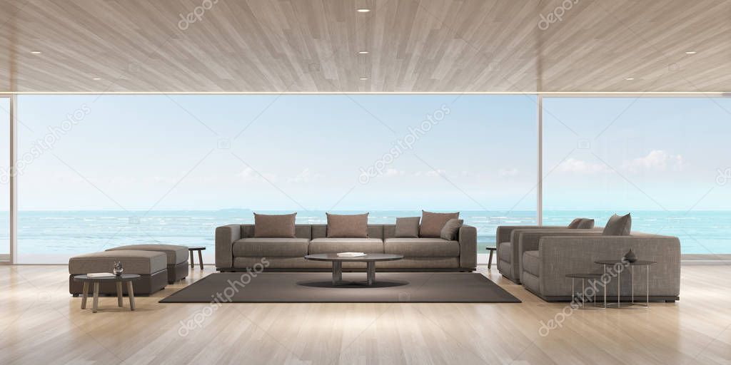 Perspective of modern luxury living room with sofa on sea view background,Idea of family vacation - 3D rendering.