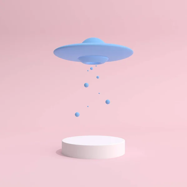 蓝色不明飞行物漂浮在白色波底上的极小模型 产品演示 3D渲染 — 图库照片