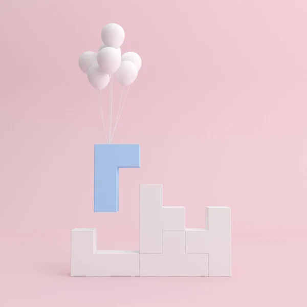 Minimale Mock Van Gestapelde Geometrische Blokken Drijvende Ballonnen Tetris Spel — Stockfoto