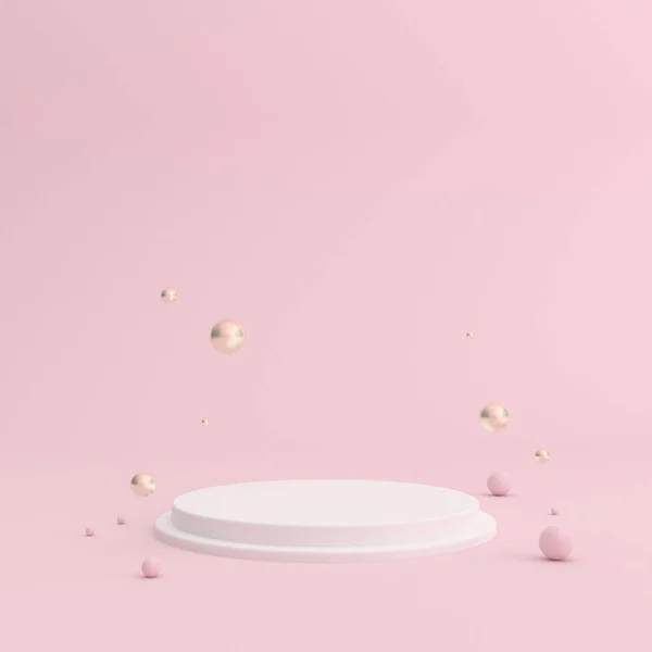 Mock Pódio Branco Bolas Fundo Rosa Estilo Mínimo Renderização — Fotografia de Stock