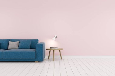 Kanepe ve sehpalı modern iç tasarım. 3B görüntüleme