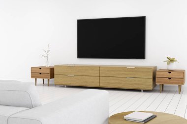 TV ekranlı modern oturma odasının 3 boyutlu canlandırması.