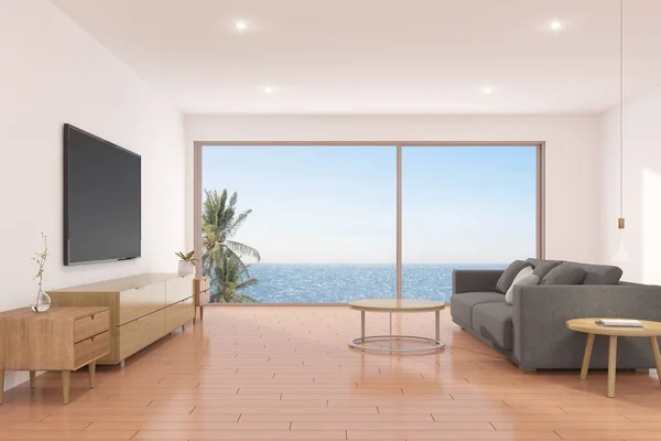 Deniz Arka Planında Ekranı Olan Modern Oturma Odası Görüntüleme — Stok fotoğraf