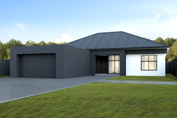 Casa Moderna Con Garage Sfondo Albero Stile Australiano Rendering — Foto Stock