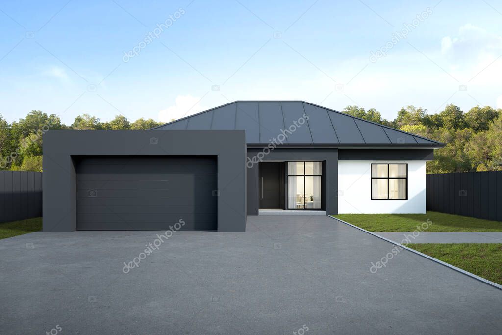 Modern house with garage on tree background, Australian style. 3D render.