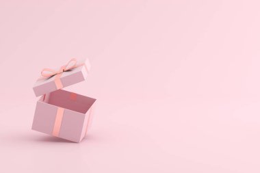 Pembe arka planda açık hediye kutusunun maketi. 3B görüntüleme.