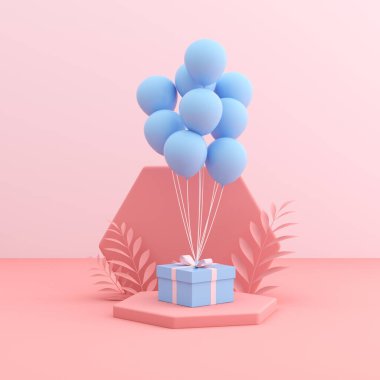 Hediye kutusuyla balonları asgari düzeyde taklit et. 3B görüntüleme.