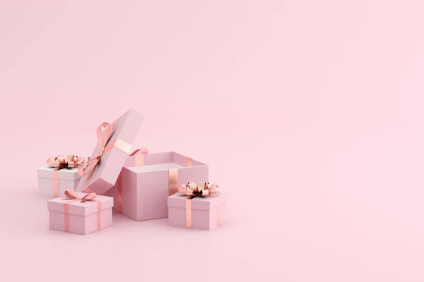 粉红背景礼品盒的造型 3D渲染 — 图库照片
