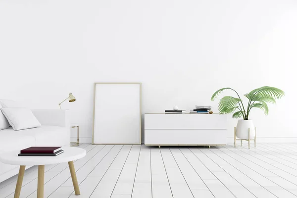 Design Interiores Moderno Com Sofá Moldura Branco Renderização — Fotografia de Stock