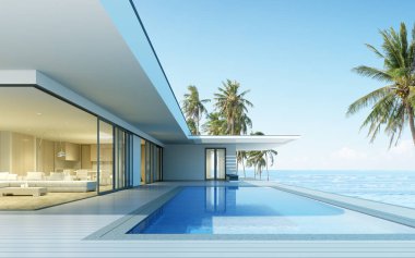 Deniz zemininde yüzme havuzu olan modern bir ev manzarası. 3d oluşturma