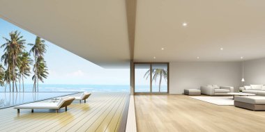 Deniz zemininde yüzme havuzu olan modern bir ev manzarası. 3d oluşturma
