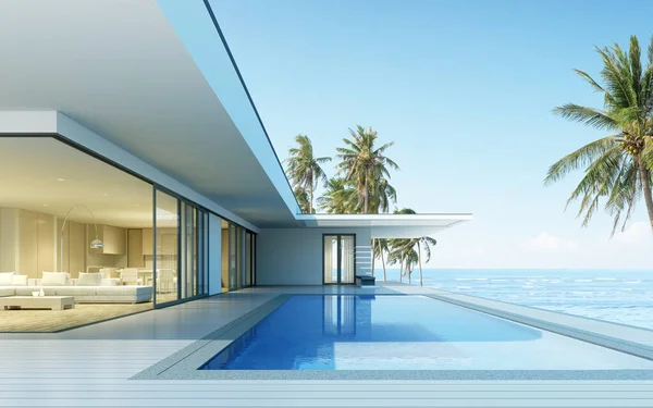 Deniz zemininde yüzme havuzu olan modern bir ev manzarası. 3d oluşturma