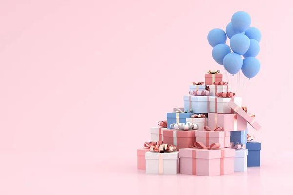 以最小的风格模仿礼品盒和气球 3D渲染 — 图库照片