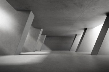 Soyut mimari alan, beton duvarlı iç mekan. 3d hazırlayıcı.