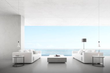 İçi beton duvar ve deniz zeminine kurulmuş beyaz kanepeyle dolu. 3d hazırlayıcı.